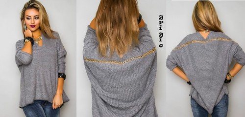 Maglione oversize donna catena dorata grigio scollo v manica lunga  asimmetrico | eBay