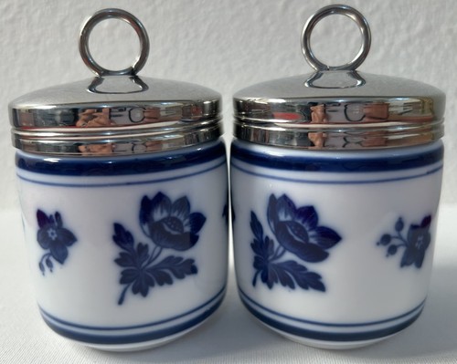 Williams Sonoma Flow Blue White Floral Egg Coddler Spice Jar w/ SS Lid Set NICE