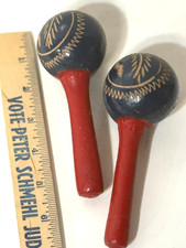 Vintage Hand Carved/Painted Wooden Maracas with Red Handles Preowned