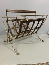 Vintage Mid Century MCM Brass Gold Wood Magazine Rack Record Holder Project