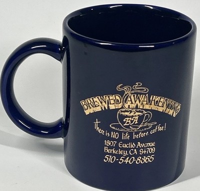 Brewed Awakening Blue Coffee Mug Berkeley CA 90 s Great Condition VTG Rare