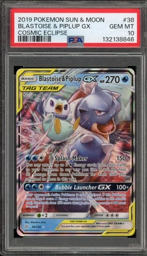 Pokemon Blastoise & Piplup GX Cosmic Eclipse Holo Rare #38 PSA 10 Gem Mint