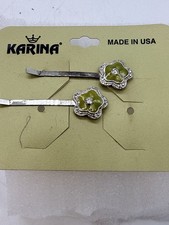 Vintage Karina Hair Barrette Clip Made in USA Green Flower Floral Pair Set of 2