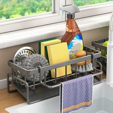 Sponge Holder Kitchen Sink Caddy Organizer with Self-draining Tray Towel Rack