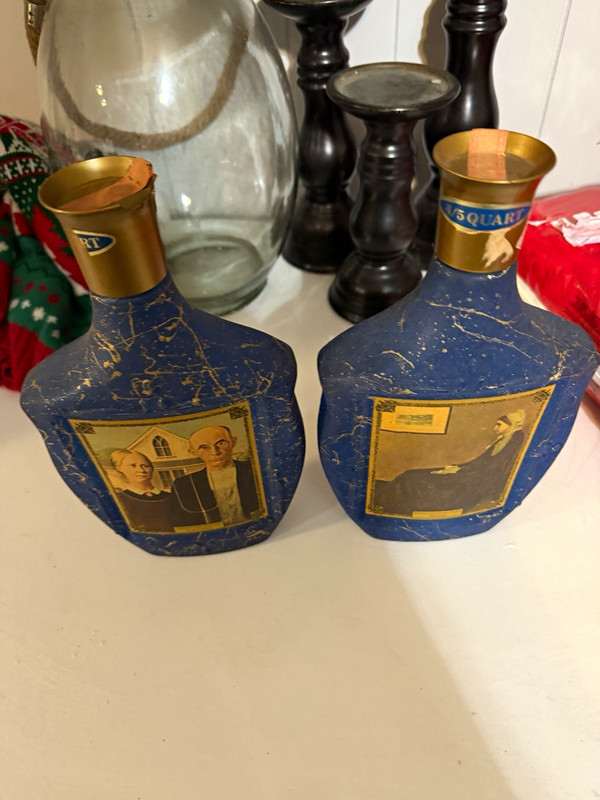Beam's Choice Blue Liquor Decanter Bottles 4/5 Quart Crackle Ceramic Lot of 2