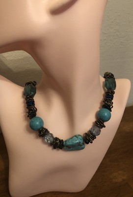 Mixed Media Necklace Turquoise, Green, Blue & Copper Tone (H1)