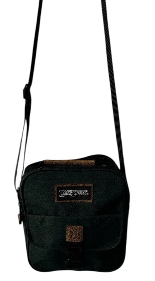 Bolso Bandolera/Mochila Vintage Años 90 Jansport Correa Verde - Cuero Marrón Inferior Foto 2 de 4