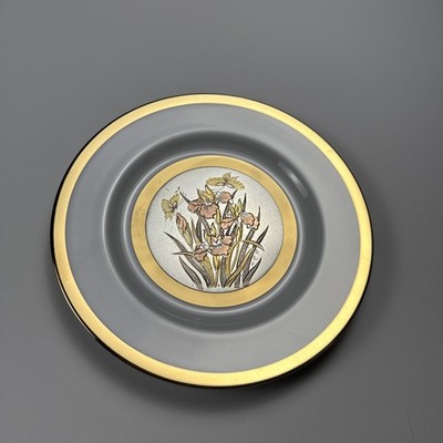 Vintage Chokin Decorative Plate 24K Gold Trim Flowers Butterflies Japan