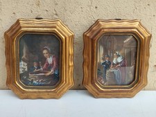 COPPIA MINIATURE RITOUCHÉ FIAMMINGHE CON FIGURE E BAMBINI CORNICI LEGNO DORATO