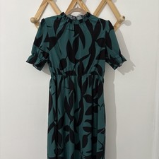 SHEIN Dark Green Black Patterned High Neck Short Sleeve Dress, Size Large