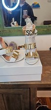 Moschino white calf skin heels size 36 6 us with gold lettering detail