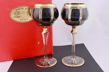 SET OF 2 VINTAGE MOSER COBALT BLUE GOLD GILT BOHEMIA CRYSTAL GOBLETS – MINT