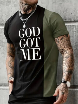 T Shirt Men GOD GOT ME Colorblock Black Green Fashion Summer Soft Casual T-Shirt