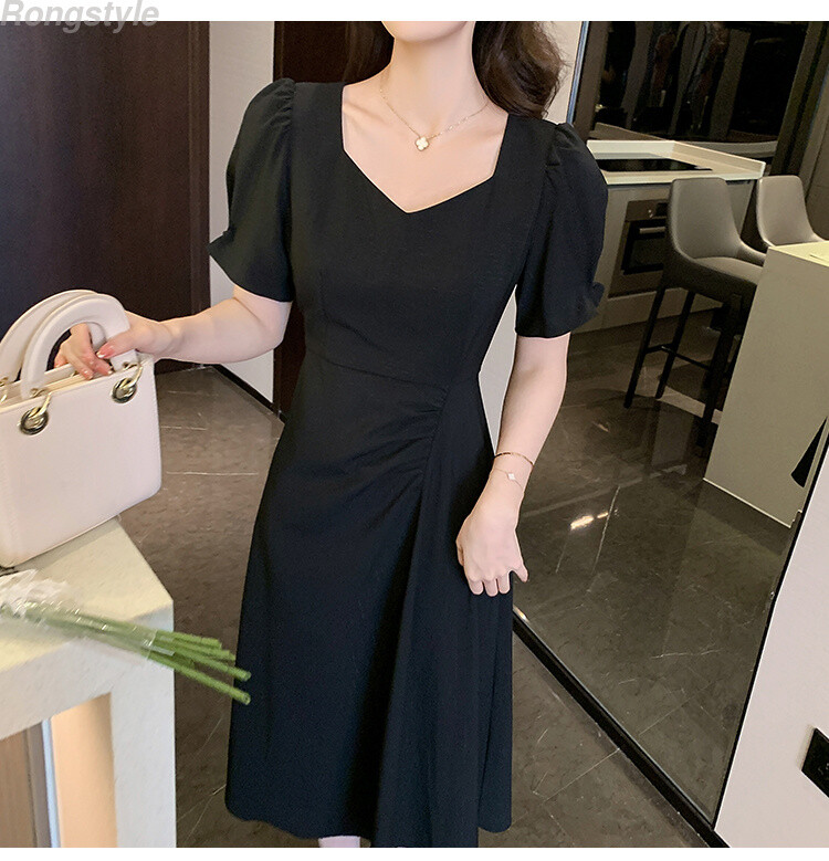 korean semi formal dress Dewlily Puff Sleeve Dress Korean Fashion Teens 20s 30s Cute Date A-line Office Style Off Shoulder Plain Simple main image 0