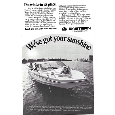 Eastern Airlines Sunshine Florida Caribbean Bahamas Boat 1970s Print Ad 9 in