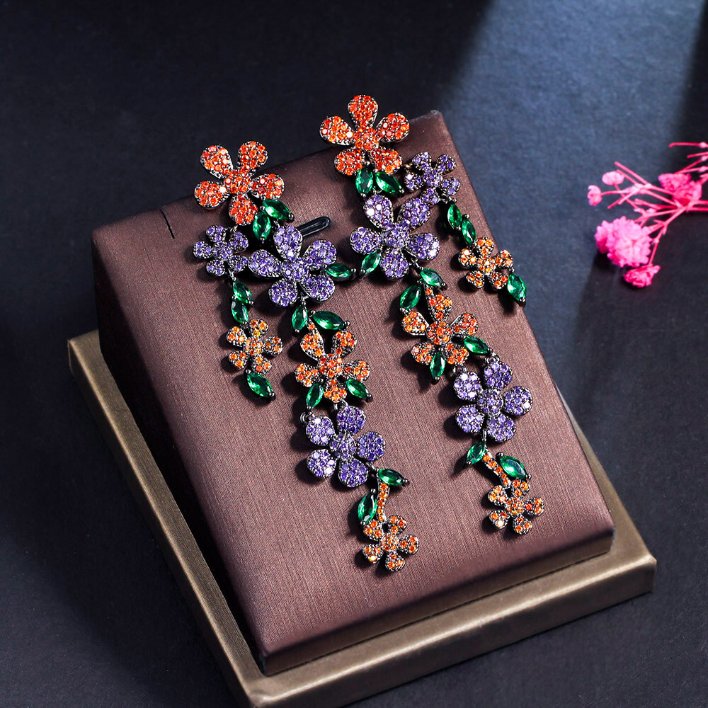 Black Gold Plated Colorful CZ Bridal Engagement Long Leaf Dangle Drop Earrings