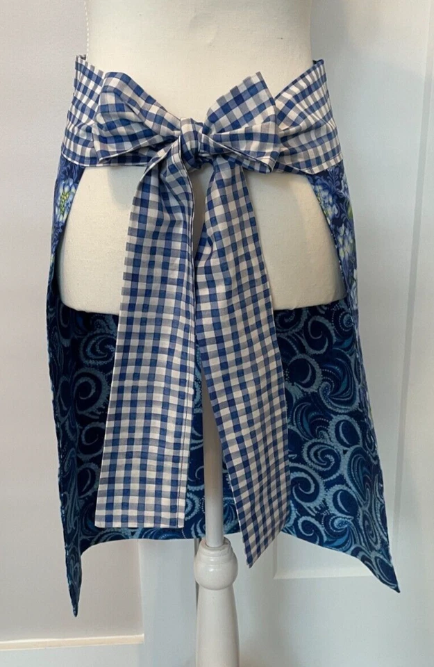 Reversible Half APRON Blue Hydrangea Swirls Check Cotton Ties In Back ADULT - Image 4 of 4