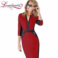 New knee Length Patchwork Women Work Dress Tunic Wine Red Bodycon Pencil Dress