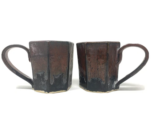 Vtg Chunky 70's Slab Studio Pottery Hand thrown stoneware Coffee Mugs Pair