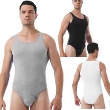 Men Adult Bodysuit Shirt Tops Sleepwear Sleeveless Leotard Snapped Crotch Romper