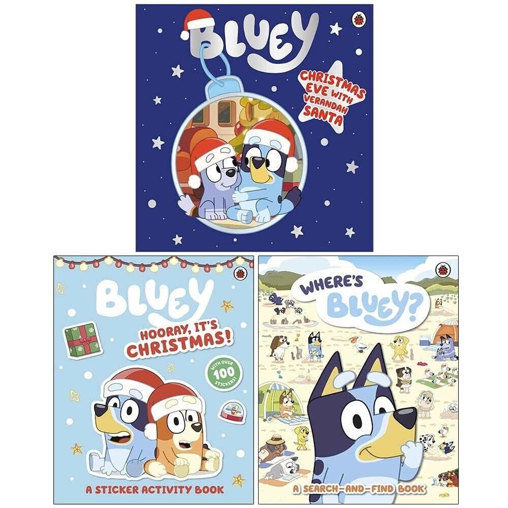 Bluey 3 Books Set Christmas Eve with Verandah Santa,Hooray It's Christmas Sticke