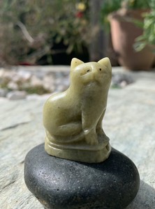 Antique Chinese Fine Soapstone Cat Whistle Figurine Carved Green Polished Kitten