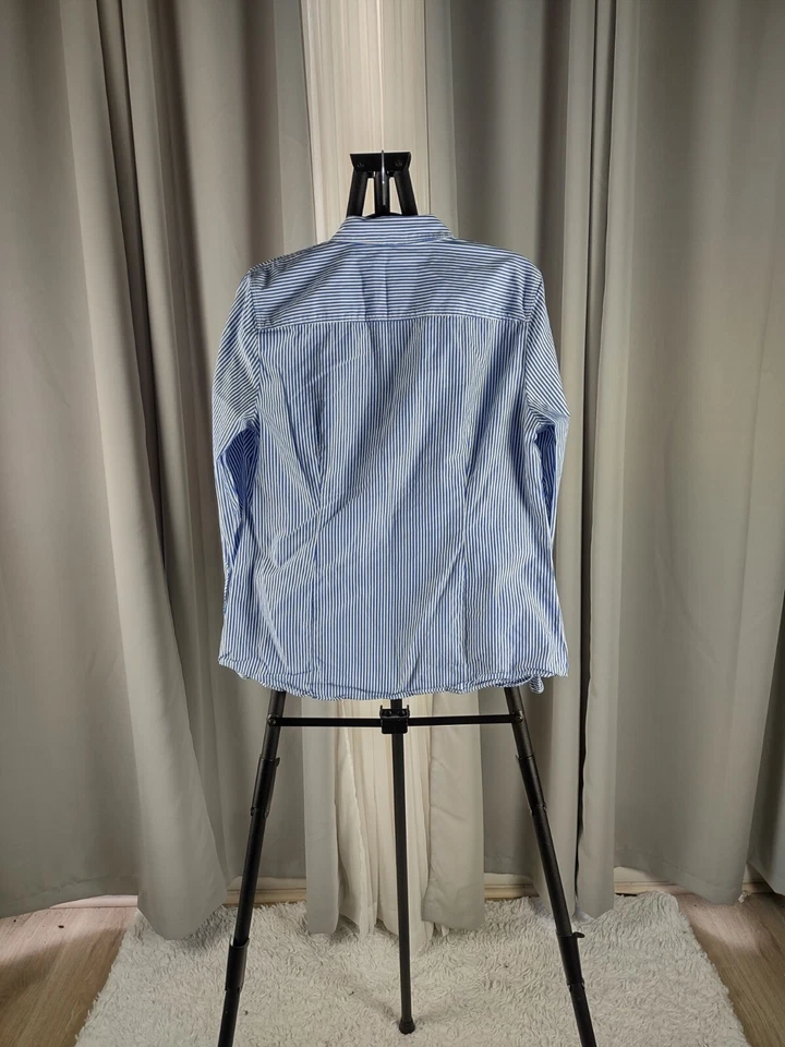 J. Por J. Camisa de vestir Crew para hombre 100 % algodón azul blanco a rayas con botones talla L Foto 3 de 4