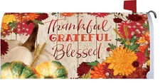 Fall Thanksgiving Pumpkin Mums Thankful Grateful Blessed Magnetic Mailbox Cover