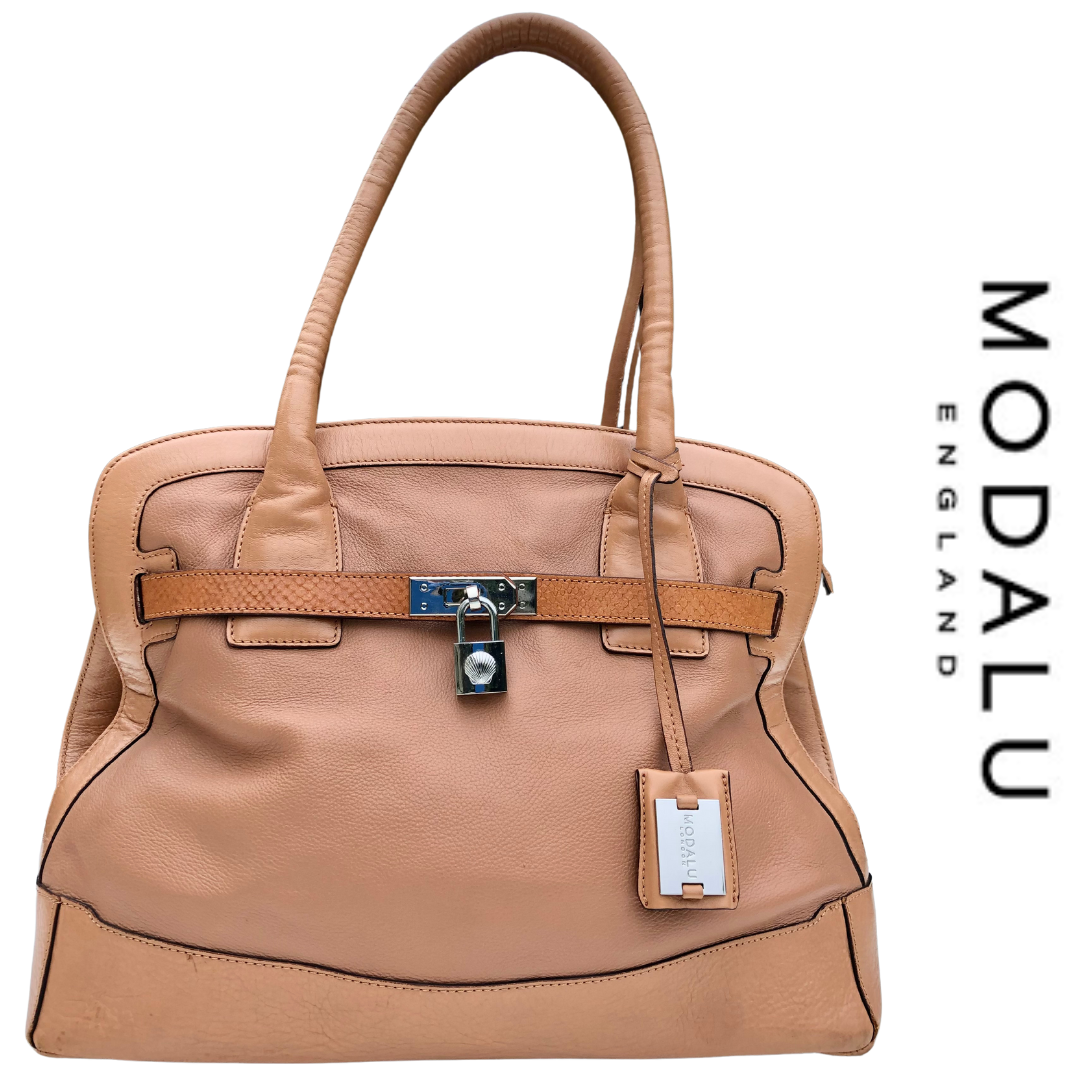 Modalu Leather Handbag TAN BROWN Shoulder Tote, Padlock Keys