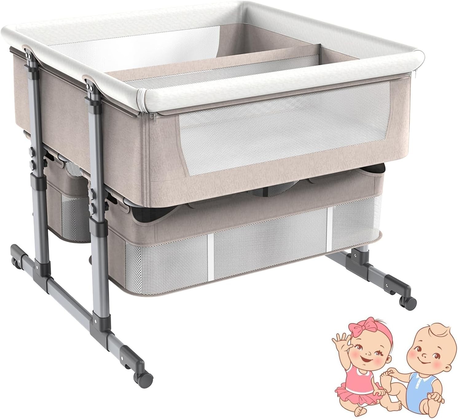 Twin Baby Crib Bassinet Adjustable Bedside Cot with Storage & Mattress Brown