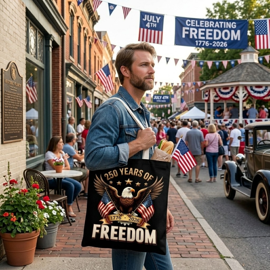Patriotic America Canvas Tote Bag, 250th Anniversary Print