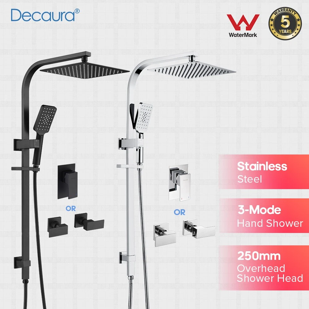 Decaura WELS 10" Twin Rain Shower Head Set Square/Single Shower Mixer/Twin Taps