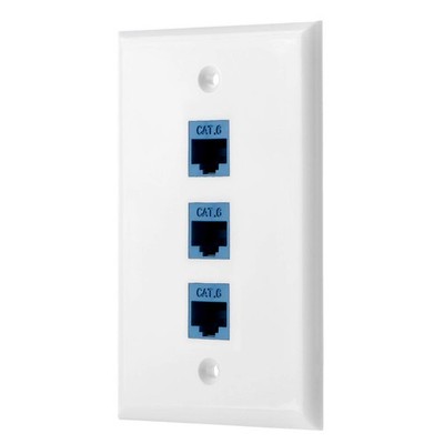 Cat6 Keystone Ethernet Wall Plate Female To Female White, 3 Port Adapter Jack