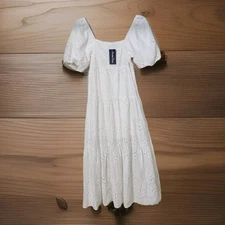 Meadow Rhodes Tiered Eyelette Maxi Dress Womens SM Balloon Sleeve Smocked NWT