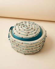 1960s Marche Exclusive Ivory Aqua Beaded Pillbox Hat Sculptural Mid