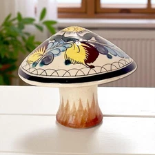 VTG Mexican Tonala Pottery Mushroom Toadstool Hand Painted Floral Signed 5"