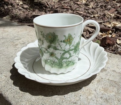 Vintage Haviland Limoges France Espresso Cup & Saucer Green Tree Leaves Mint
