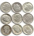Lot of (9) Roosevelt Dimes 90% Silver Dates 50's & 60's   [51]