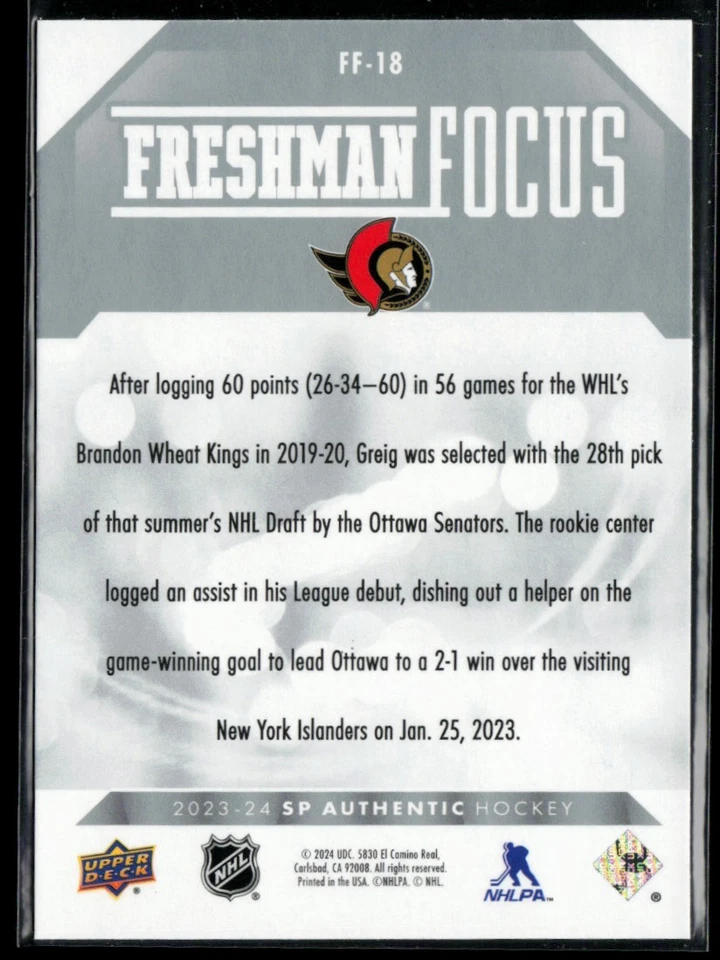 2023-24 SP Authentic Freshman Focus #FF-18 Ridly Greig RC - Image 2 of 2