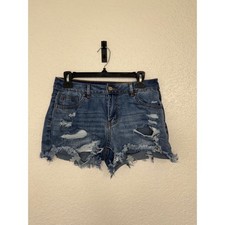 Womens Distressed Denim Shorts Blue Frayed Hem Jean Shorts Medium Mid Rise