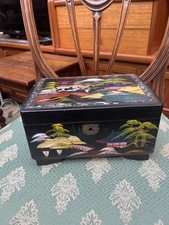 Oriental Black Lacquer Jewellery Box Vanity Case Hand Painted Asian Scene Mirror