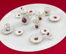 Porcelain Doll House Tea Coffee Cup Dessert Set 17 Pc White w/Strawberries 1:12
