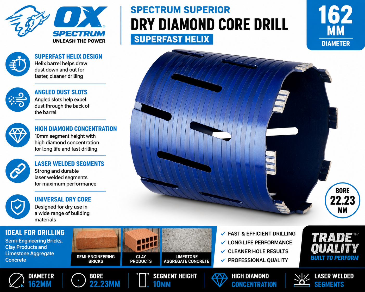 OX Spectrum 162mm Dry Diamond Core Drill Superfast Helix BX10-162 - Image 2