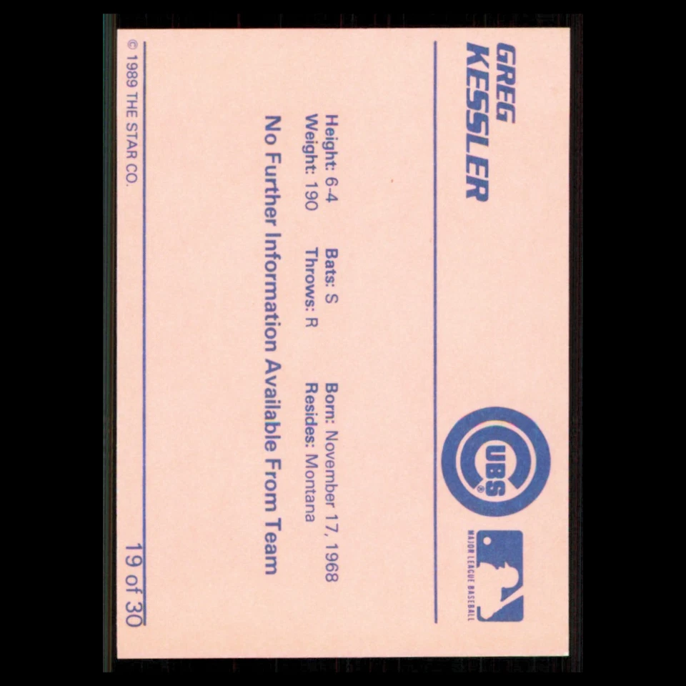 Greg Kessler #19 1989 Star Wytheville Cubs Baseball Card MLB NM - Image 2 of 3