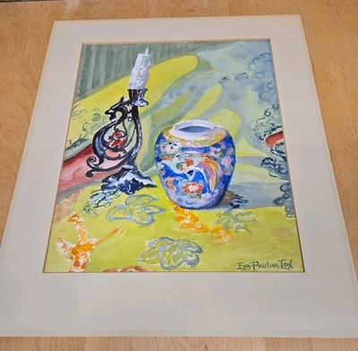 EVA PAULINE COX PAINTING WATERCOLOR CANDLESTICK VASE VIBRANT ABSTRACT ART SIGNED