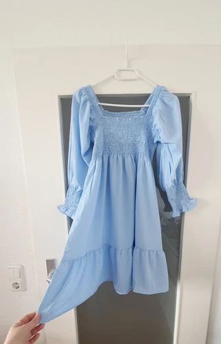 HELLBLAUES DAMEN KLEID TUNIKA SOMMERKLEID BABYDOLL KNIELANG CHIFFON NEU GRÖßE S - Bild 4 von 8