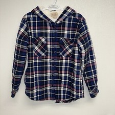 Boston Traders Jacket Women M Blue Plaid Fleece Lined Flannel Hooded Shacket
