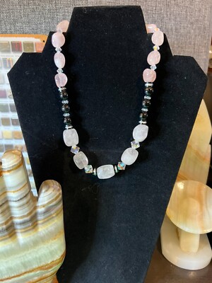 Vintage 50's 60's Hollywood Rose Quartz, Black Onyx, Aurora Borealis  Necklace +