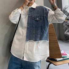 Camicie Uomo Patchwork Denim Maniche Lunghe Casual