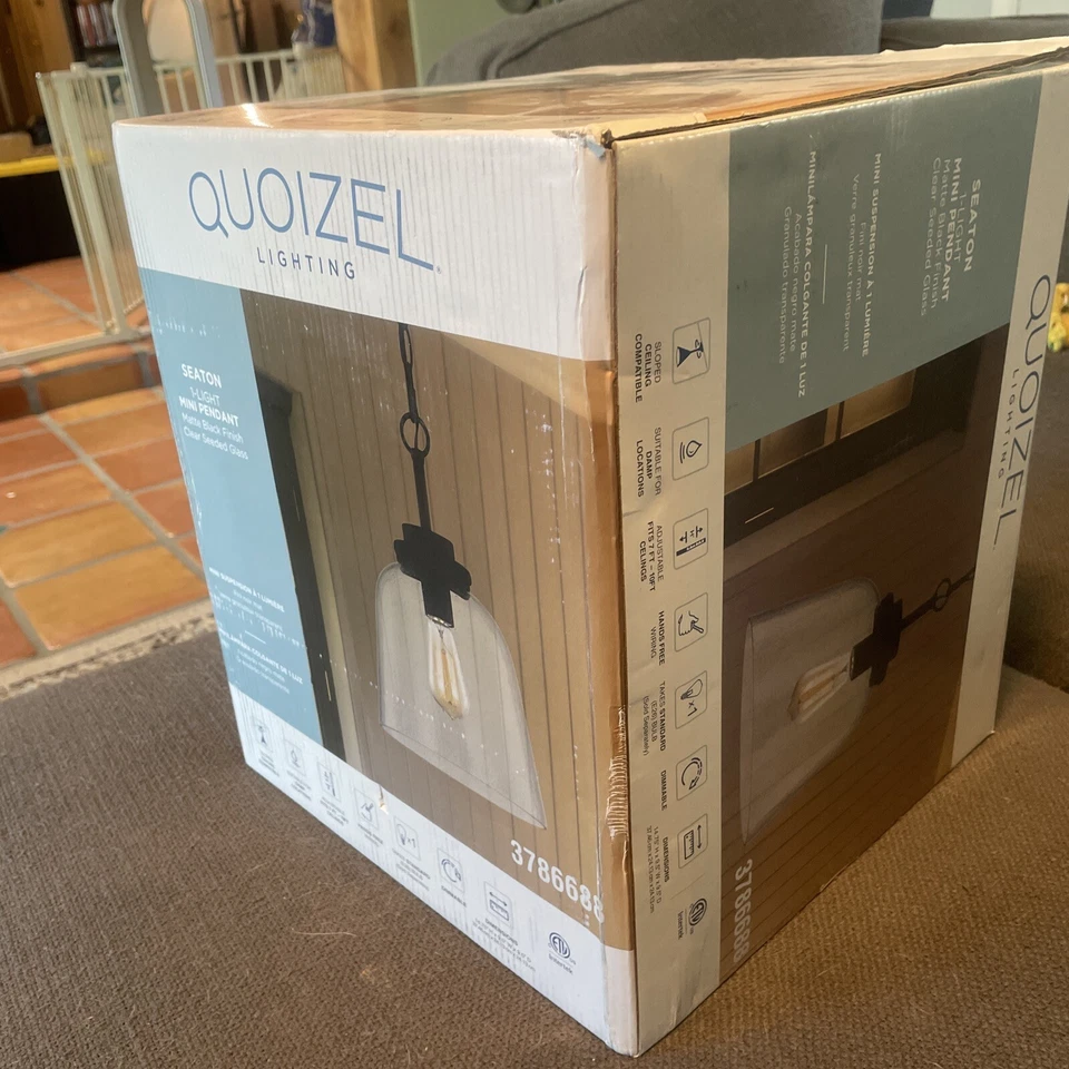 Lámpara Colgante Quoizel Lighting Seaton 1 Luz, Negro Mate, Vidrio Semillado Transparente  Foto 4 de 4